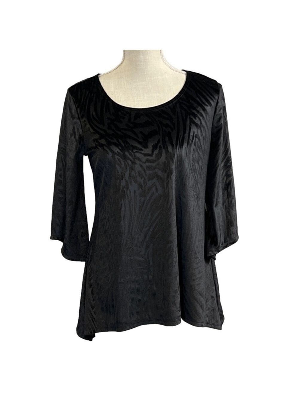 Women's Brittany Black Scoop Neck Velour Pullover 3/4 Sleeve Tunic/Blouse.Size S
